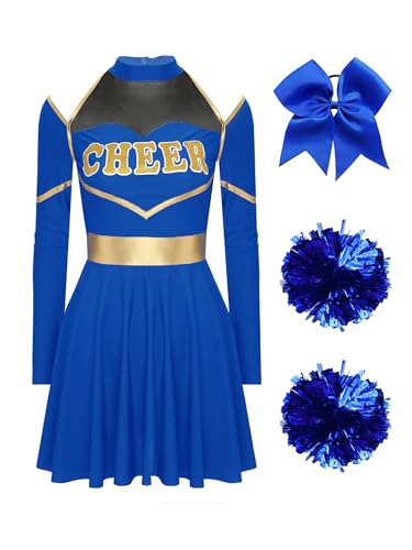 JanJean Damen Cheer Leader Kostüm Langarm Tanzkleid mit Pompoms Haarband Cheerleading Uniform Schulmädchen Outfit Karnaval Fasching Kostüm Blau M von JanJean