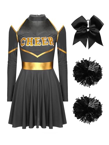 JanJean Damen Cheer Leader Kostüm Langarm Tanzkleid mit Pompoms Haarband Cheerleading Uniform Schulmädchen Outfit Karnaval Fasching Kostüm Schwarz L von JanJean