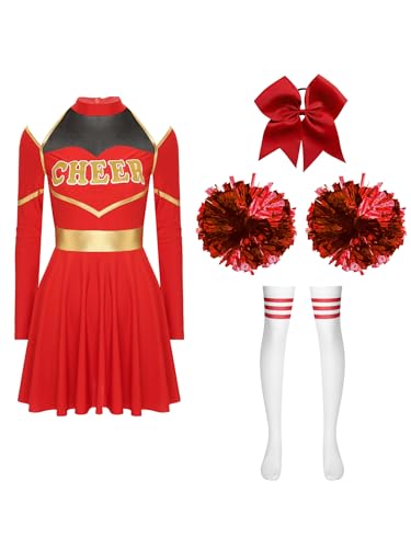 JanJean Damen Cheer Leader Kostüm Langarm Tanzkleid mit Pompoms Haarband Cheerleading Uniform Schulmädchen Outfit Karnaval Fasching Kostüm T Rot L von JanJean