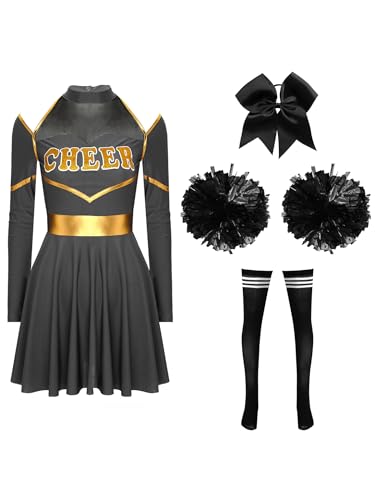 JanJean Damen Cheer Leader Kostüm Langarm Tanzkleid mit Pompoms Haarband Cheerleading Uniform Schulmädchen Outfit Karnaval Fasching Kostüm T Schwarz L von JanJean