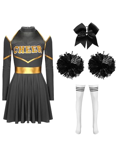 JanJean Damen Cheer Leader Kostüm Langarm Tanzkleid mit Pompoms Haarband Cheerleading Uniform Schulmädchen Outfit Karnaval Fasching Kostüm T Schwarzweiß M von JanJean