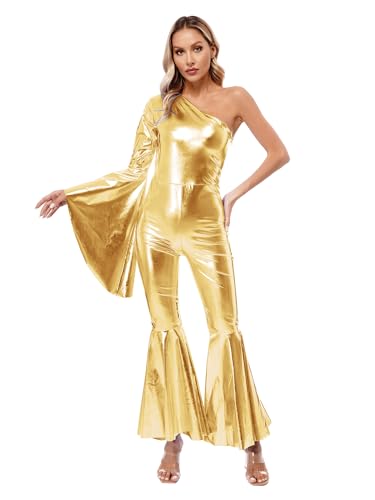 JanJean Damen Disco Kostüm 70er Jahre Jumpsuit Metallic Overall One Shoulder Crop Top Rückenfrei Top mit Schlaghose Hippie Rave Outfit Clubwear Gold 3XL von JanJean