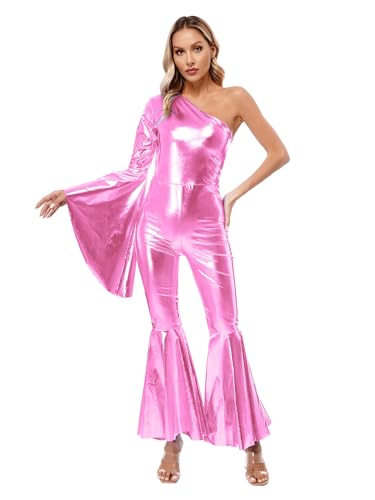 JanJean Damen Disco Kostüm 70er Jahre Jumpsuit Metallic Overall One Shoulder Crop Top Rückenfrei Top mit Schlaghose Hippie Rave Outfit Clubwear Rosa L von JanJean