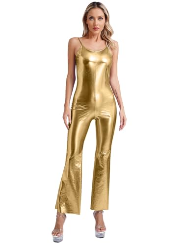 JanJean Damen Disco Kostüm 70er Jahre Jumpsuit Metallic Overall Pailletten Ärmellos Bodysuit Strampler Hippie Rave Outfit Clubwear Mottoparty Gold XXL von JanJean