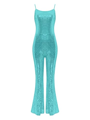 JanJean Damen Disco Kostüm 70er Jahre Jumpsuit Metallic Overall Pailletten Ärmellos Bodysuit Strampler Hippie Rave Outfit Clubwear Mottoparty Hellblau L von JanJean