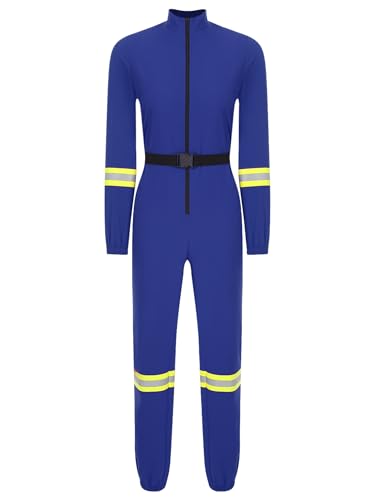 JanJean Damen Halloween Kostüm Feuerwehrmann Cosplay Overall mit Gürtel Stehkragen Jumpsuit Langarm Frontreißverschluss Bodysuit Catsuit Clubwear Königsblau XXL von JanJean