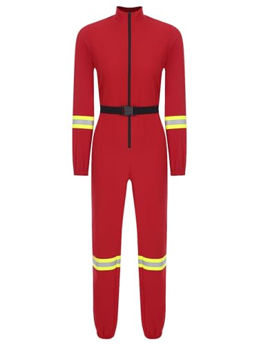 JanJean Damen Halloween Kostüm Feuerwehrmann Cosplay Overall mit Gürtel Stehkragen Jumpsuit Langarm Frontreißverschluss Bodysuit Catsuit Clubwear Rot M von JanJean