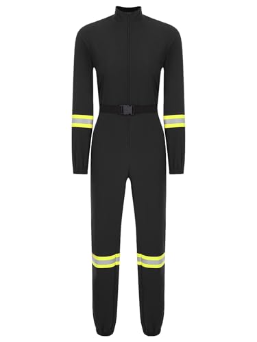 JanJean Damen Halloween Kostüm Feuerwehrmann Cosplay Overall mit Gürtel Stehkragen Jumpsuit Langarm Frontreißverschluss Bodysuit Catsuit Clubwear Schwarz 3XL von JanJean