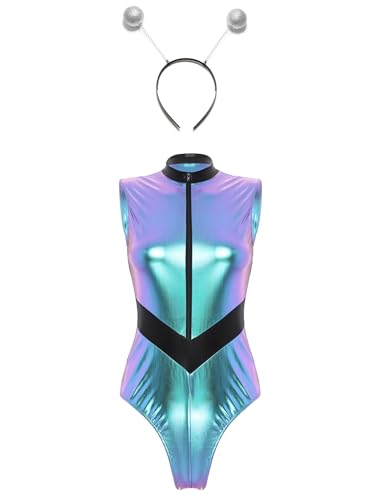 JanJean Damen Metallic Body Kurzarm/Langarm Bodysuit Ballettanzug Glänzend Sportbody Tanzbody mit Haarreif Jumpsuit Silber Alien Kostüm Karneval Kostüm A Bunt L von JanJean