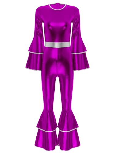 JanJean Damen Metallic Jumpsuit 70er 80er Disco Outfit Langarm Silber/Golden Metallic Overall Bodysuit Schlaghose Disco Kostüm Violett M von JanJean