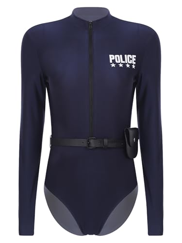 JanJean Damen Polizei Kostüm Polizistin Cosplay Outfits Frontreißverschluss Langarm Bodysuit mit Gürtel und Geldbörse Polizei Uniform Cop Costume Navy blau L von JanJean