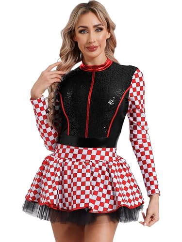 JanJean Damen Rennfahrer Kostüm Langarm Jumpsuit Pailletten Bodysuit mit Rock Racer Kostüm Overall Halloween Karneval Kostüm Schwarz 3XL von JanJean