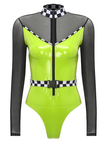 JanJean Damen Rennfahrer Kostüm Langarm Pu Leder Bodysuit mit Gürtel Racer Kostüm Overall Wetlook Stringbody Catsuit Halloween Karneval Kostüm Grün 3XL von JanJean