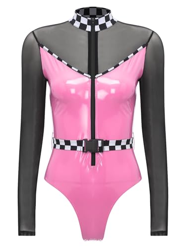 JanJean Damen Rennfahrer Kostüm Langarm Pu Leder Bodysuit mit Gürtel Racer Kostüm Overall Wetlook Stringbody Catsuit Halloween Karneval Kostüm Rosa L von JanJean