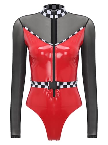 JanJean Damen Rennfahrer Kostüm Langarm Pu Leder Bodysuit mit Gürtel Racer Kostüm Overall Wetlook Stringbody Catsuit Halloween Karneval Kostüm Rot L von JanJean