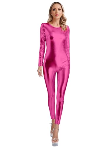 JanJean Damen Silber Metallic Body Ganzkörperanzug Langarmbody Jumpsuit Slim Fit Overall Catsuit Astronauten Kostüm Space Kostüm Rave Outfit Hot Pink 3XL von JanJean