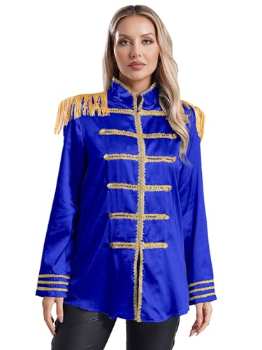 JanJean Damen Zirkusdirektor Kostüm Fransen Jacke Langarm Satin Frack Jacke Mantel Blazerjacke Ringmaster Kostüm Karneval Fasching Party Königsblau S von JanJean