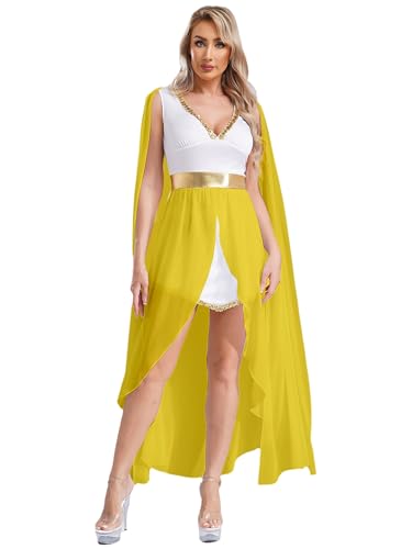 JanJean Griechische Göttin Kostüm Damen Toga Kleid Römer Kostüm Antike Prinzessin Kleid Tunikakleid Halloween Karneval Fasching Kostüm Gelb S von JanJean