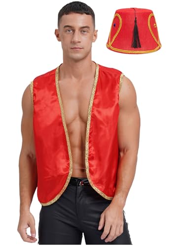 JanJean Herren Aladin Kostüm Ärmellos Aladin Weste mit Fez Hut Araber Verkleidung Aladin Outfits Halloween Kostüm Karneval Fasching Kostüm Burgundy L von JanJean