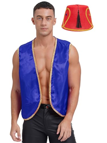 JanJean Herren Aladin Kostüm Ärmellos Aladin Weste mit Fez Hut Araber Verkleidung Aladin Outfits Halloween Kostüm Karneval Fasching Kostüm Königsblau L von JanJean