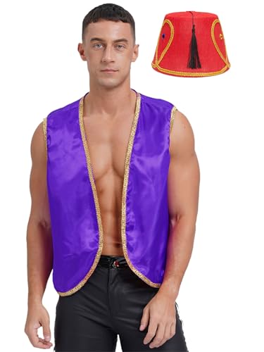 JanJean Herren Aladin Kostüm Ärmellos Aladin Weste mit Fez Hut Araber Verkleidung Aladin Outfits Halloween Kostüm Karneval Fasching Kostüm Lila L von JanJean