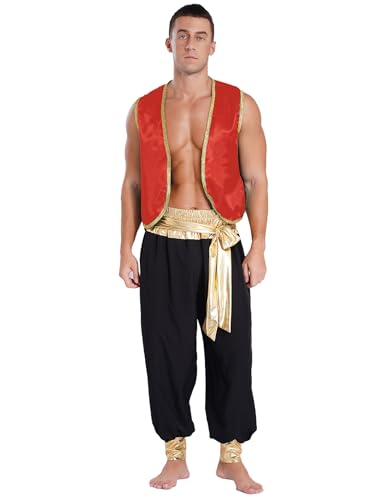 JanJean Herren Aladin Kostüm Ärmellos Weste Festlich Satin Jacke + Hose Pumphose Araber Prinz Verkleidung Aladin Prinz Rollenspiel Outfits Halloween Kostüm Burgundy&Schwarz XL von JanJean