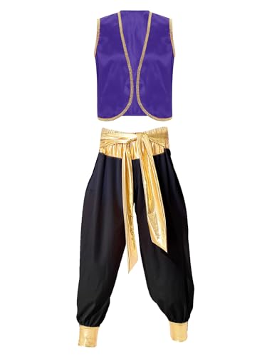 JanJean Herren Aladin Kostüm Ärmellos Weste Festlich Satin Jacke + Hose Pumphose Araber Prinz Verkleidung Aladin Prinz Rollenspiel Outfits Halloween Kostüm Dunkellila und Schwarz 3XL von JanJean