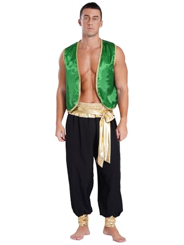 JanJean Herren Aladin Kostüm Ärmellos Weste Festlich Satin Jacke + Hose Pumphose Araber Prinz Verkleidung Aladin Prinz Rollenspiel Outfits Halloween Kostüm Grün Schwarz 3XL von JanJean