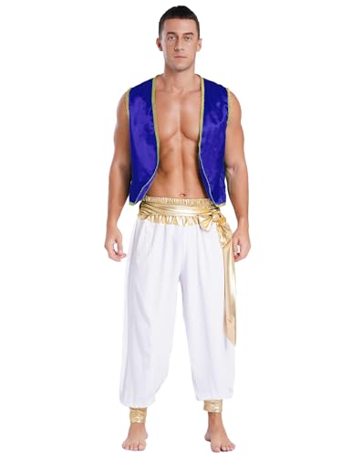 JanJean Herren Aladin Kostüm Ärmellos Weste Festlich Satin Jacke + Hose Pumphose Araber Prinz Verkleidung Aladin Prinz Rollenspiel Outfits Halloween Kostüm Königsblau und Weiß XXL von JanJean