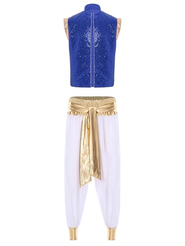 JanJean Herren Aladin Outfits Pailletten Weste Arabischer Prinz Weste + Pumphose Haremhose Aladin Prinz Rollenspiel Outfits Halloween Karneval Kostüm Blau Weiss 3XL von JanJean