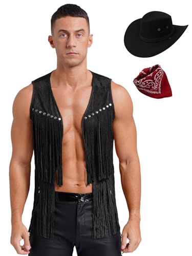 JanJean Herren Cowboy Kostüm Ärmellos Jacke Weste Wildleder Weste Cowboy Zubehör Fransen Weste mit Cowboyhut Halstuch Halloween Kostüm Faschingskostüm Schwarz XL von JanJean