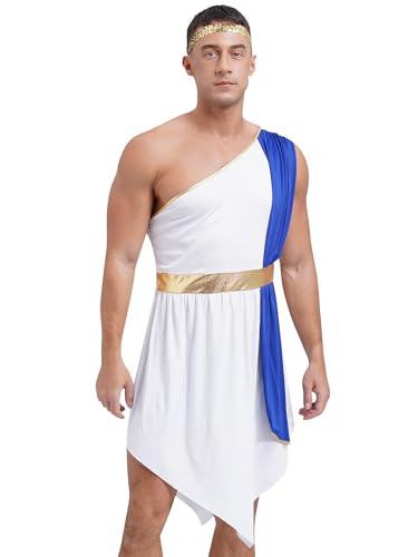 JanJean Herren Griechischer Reiter Kostüm One Shoulder Weiß Toga Gott Zeus Kostüm Schal Golden Gürtel Römer Kostüm Faschingskostüm Party Blau 3XL von JanJean