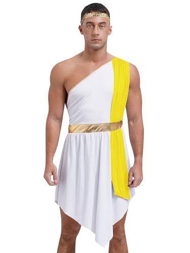 JanJean Herren Griechischer Reiter Kostüm One Shoulder Weiß Toga Gott Zeus Kostüm Schal Golden Gürtel Römer Kostüm Faschingskostüm Party Gelb XL von JanJean