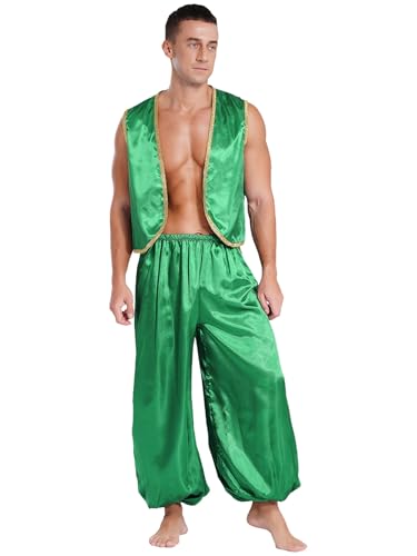 JanJean Herren Halloween Kostüm Aladin Weste Hemd Satin Weste + Lang Hose Pumphose Aladinhose Arabischen Prinz Verkleidung Aladin Outfits Grün L von JanJean