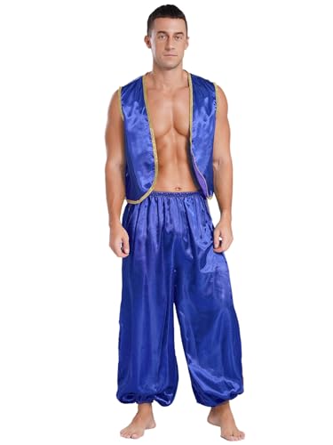 JanJean Herren Halloween Kostüm Aladin Weste Hemd Satin Weste + Lang Hose Pumphose Aladinhose Arabischen Prinz Verkleidung Aladin Outfits Königsblau 4XL von JanJean