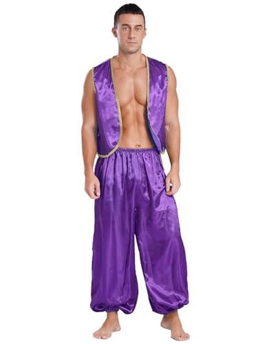 JanJean Herren Halloween Kostüm Aladin Weste Hemd Satin Weste + Lang Hose Pumphose Aladinhose Arabischen Prinz Verkleidung Aladin Outfits Lila 4XL von JanJean