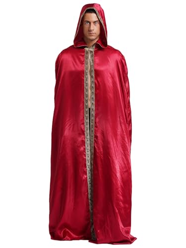 JanJean Herren Halloween Umhang mit Kapuzen Mittelalter Umhang Lang Satin Robe Hood Cape Renaissance Kostüm Gothic Vampir Kostüm Umhang Burgundy L von JanJean