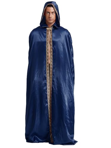 JanJean Herren Halloween Umhang mit Kapuzen Mittelalter Umhang Lang Satin Robe Hood Cape Renaissance Kostüm Gothic Vampir Kostüm Umhang Navyblau L von JanJean