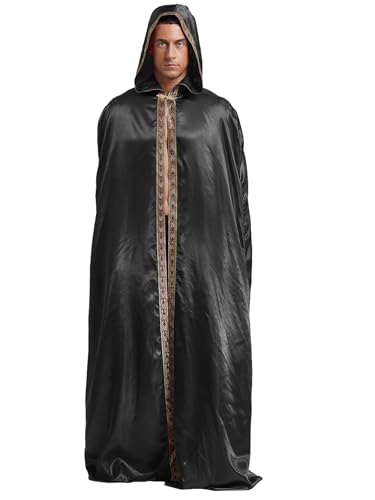 JanJean Herren Halloween Umhang mit Kapuzen Mittelalter Umhang Lang Satin Robe Hood Cape Renaissance Kostüm Gothic Vampir Kostüm Umhang Schwarz S von JanJean