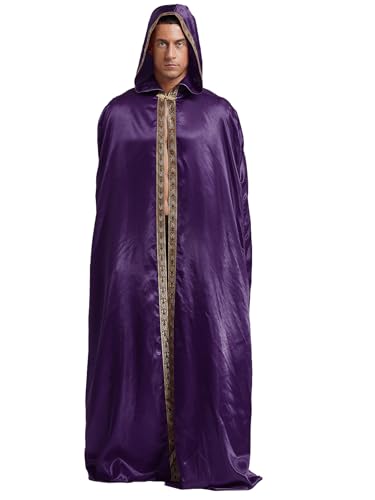 JanJean Herren Halloween Umhang mit Kapuzen Mittelalter Umhang Lang Satin Robe Hood Cape Renaissance Kostüm Gothic Vampir Kostüm Umhang Violett 3XL von JanJean