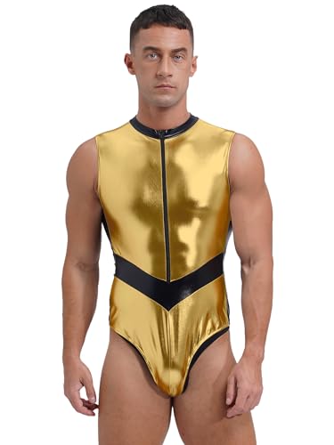 JanJean Herren Metallic Body Ärmellos Bodysuit Glänzend Sportbody Tanzbody Jumpsuit Silber Gold Alien Kostüm Karneval Kostüm Gold L von JanJean