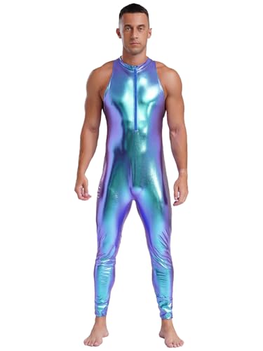 JanJean Herren Metallic Jumpsuit Overall Einteilig Ärmellos PU Leder Bodysuit Astronauten Kostüm Space Kostüm Halloween Karneval Kostüm Blau XL von JanJean