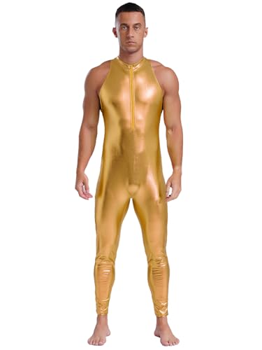 JanJean Herren Metallic Jumpsuit Overall Einteilig Ärmellos PU Leder Bodysuit Astronauten Kostüm Space Kostüm Halloween Karneval Kostüm Gold L von JanJean