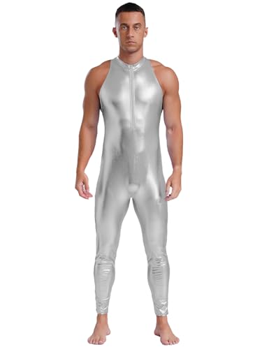 JanJean Herren Metallic Jumpsuit Overall Einteilig Ärmellos PU Leder Bodysuit Astronauten Kostüm Space Kostüm Halloween Karneval Kostüm Silber XXL von JanJean