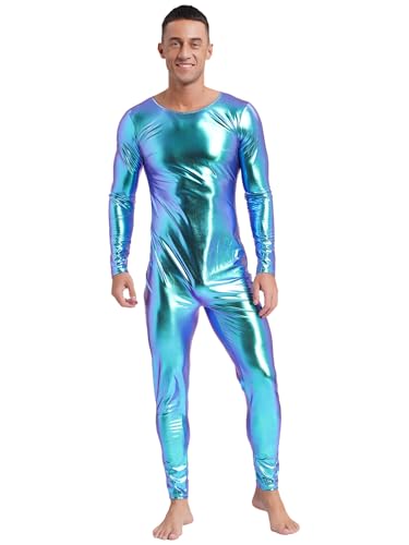 JanJean Herren Metallic Jumpsuit Overall Einteilig Langarm Bodysuit Ganzkörperanzug Astronauten Kostüm Space Kostüm Blau XXL von JanJean