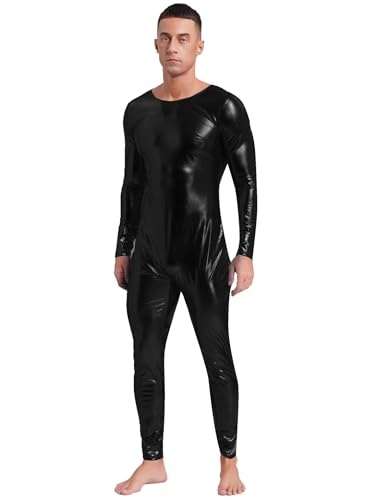 JanJean Herren Metallic Jumpsuit Overall Einteilig Langarm Bodysuit Ganzkörperanzug Astronauten Kostüm Space Kostüm Schwarz XXL von JanJean
