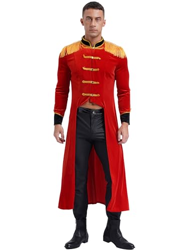 JanJean Herren Zirkusdirektor Kostüm Gentle Frack Jacke Mantel mit Quasten Showman Kostüm Samet Mantel Lang Fasching Kostüm Karneval Cosplay Kleidung Rot M von JanJean