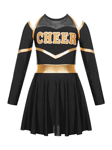 JanJean Kinder Cheer Leader Kostüm Mädchen Langarm Cheerleading Uniform Schulterfrei Kleid mit Pompoms/Harrband Schulmädchen Tanzkleid Halloween Cheerleading Outfits Z Schwarz 146-152 von JanJean