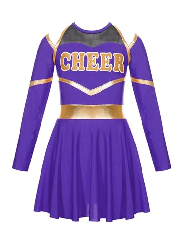 JanJean Kinder Cheer Leader Kostüm Mädchen Langarm Cheerleading Uniform Schulterfrei Kleid mit Pompoms/Harrband Schulmädchen Tanzkleid Halloween Cheerleading Outfits Z Violett 134-140 von JanJean