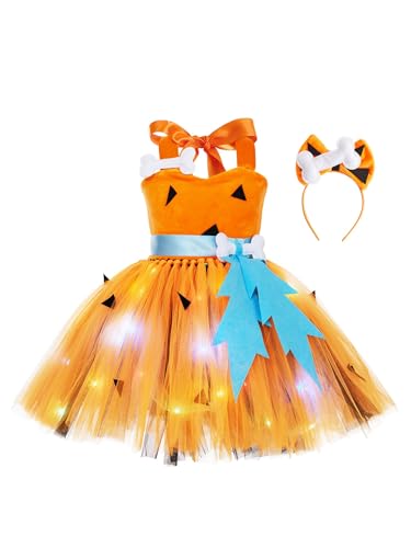 JanJean Kinder Halloween Kostüm Mädchen Höhlenmensch Kostüm Caveman Kleid Tutukleid Cavegirl Kleid mit Hundeknochen Deko Faschingskostüm Orangefarbenes buntes Licht 92-98 von JanJean